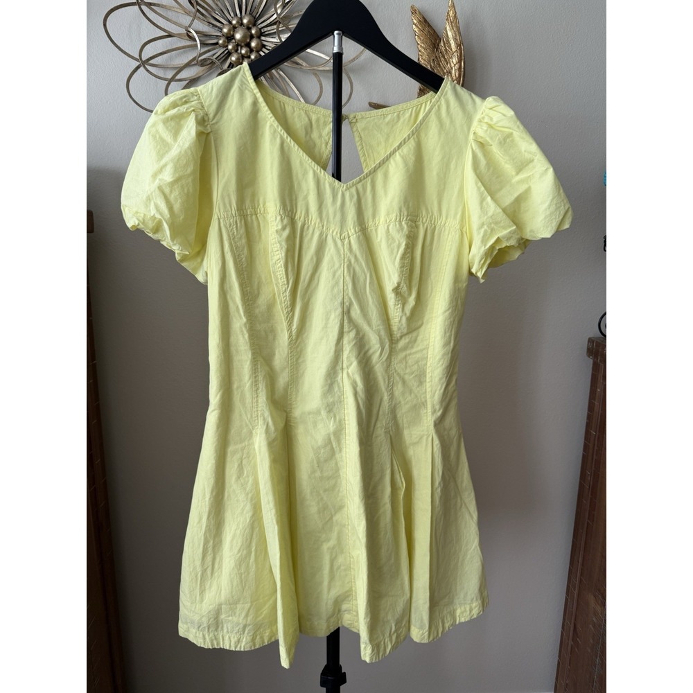 Maeve Anthropologie Yellow Cotton Dress Womens M Puff Sleeve Fit Flare Mini